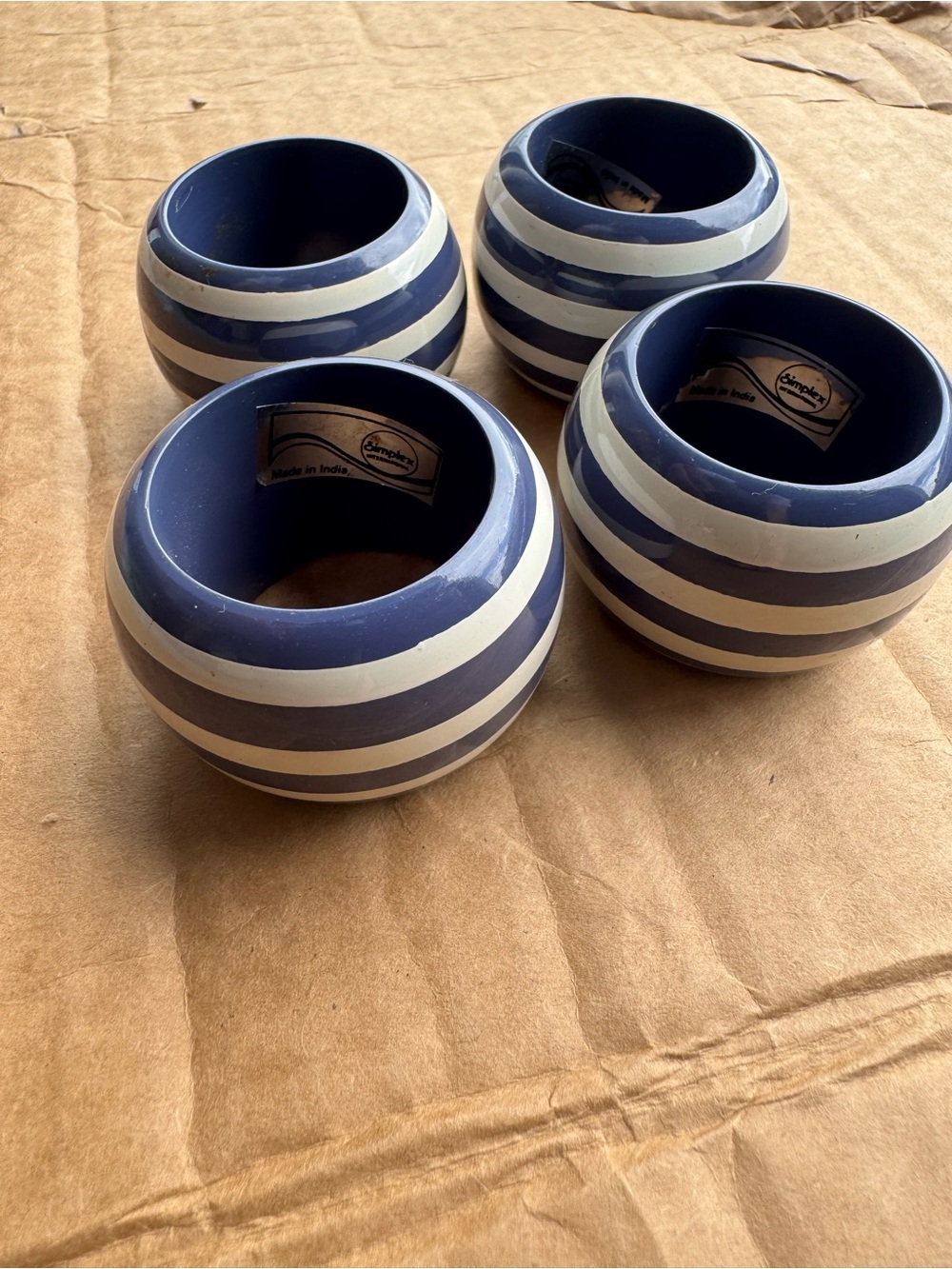 Striped Blue & White Round Napkin Rings - Set of 4 - Picture 1 of 2
